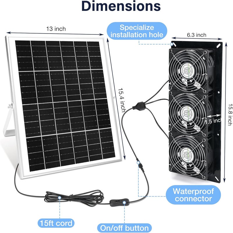 Fanspex Solar 3 Fan Kit, 25W Waterproofed Solar Powered Fans for Outdoor Chicken Coop, Greenhouse & Shed Intake or Exhaust Air - Image 3